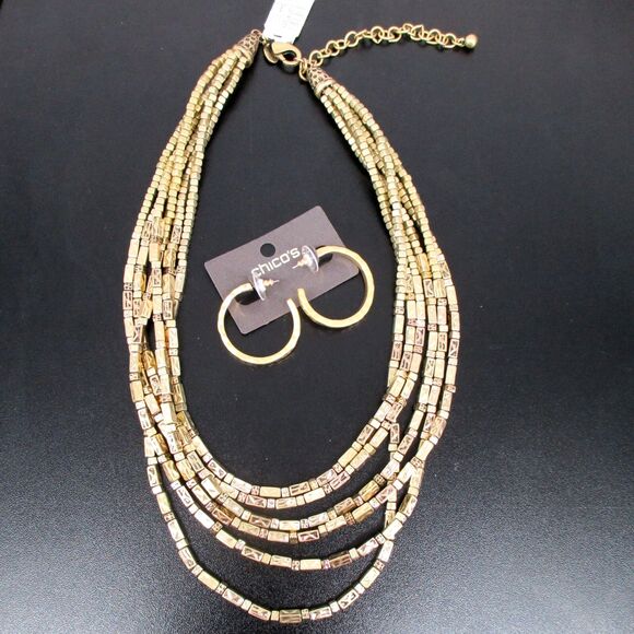 NWT Chicos Hammered Gold Tone Beaded Multi Strand Layered Necklace Hoop Earrings - Picture 1 of 7